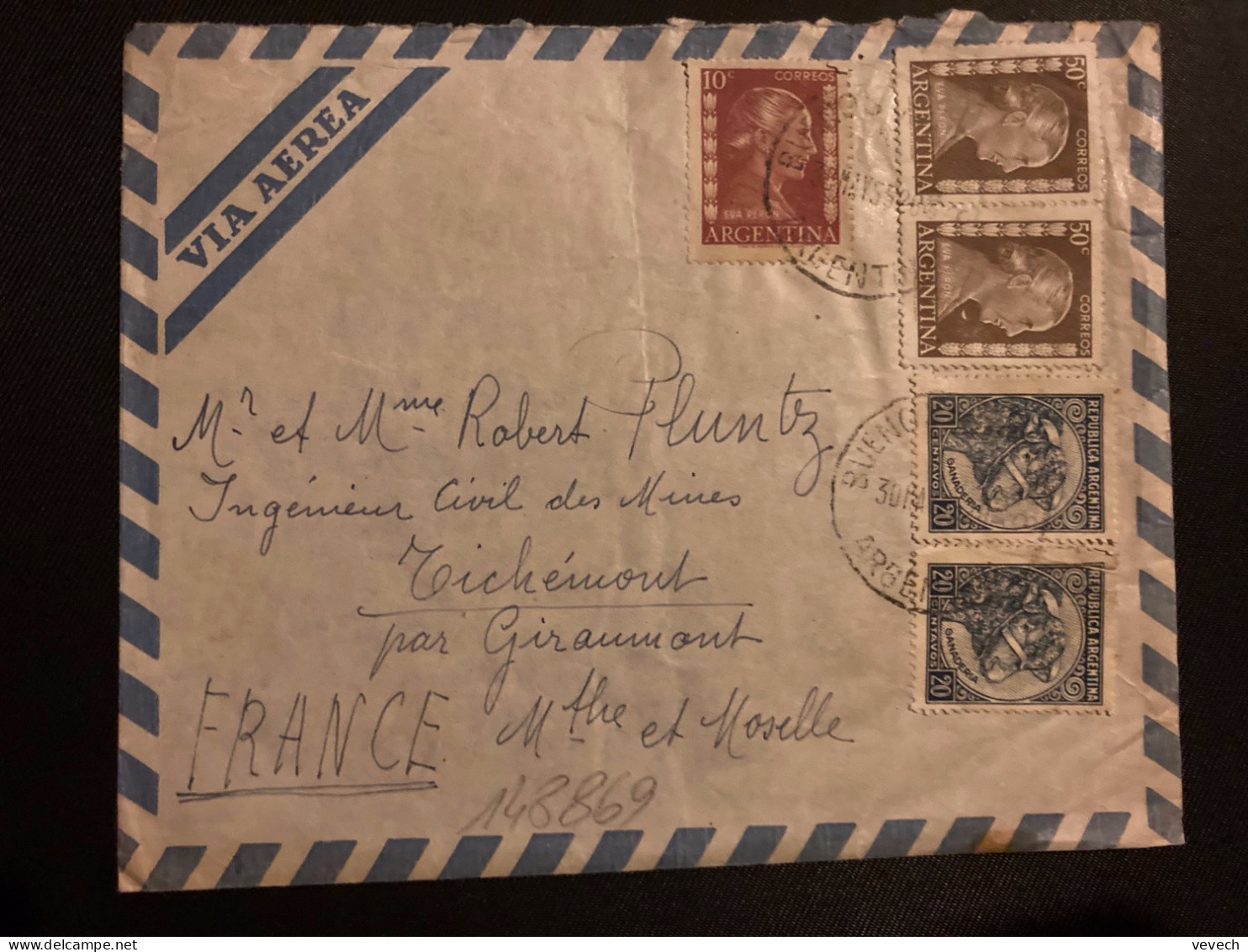 LETTRE Par Avion Pour La FRANCE TP EVA PERON 50c Paire + 10c + GANADERIA 20c X2 OBL.30 MAY 55 BUENOS AIRES 28 - Cartas & Documentos