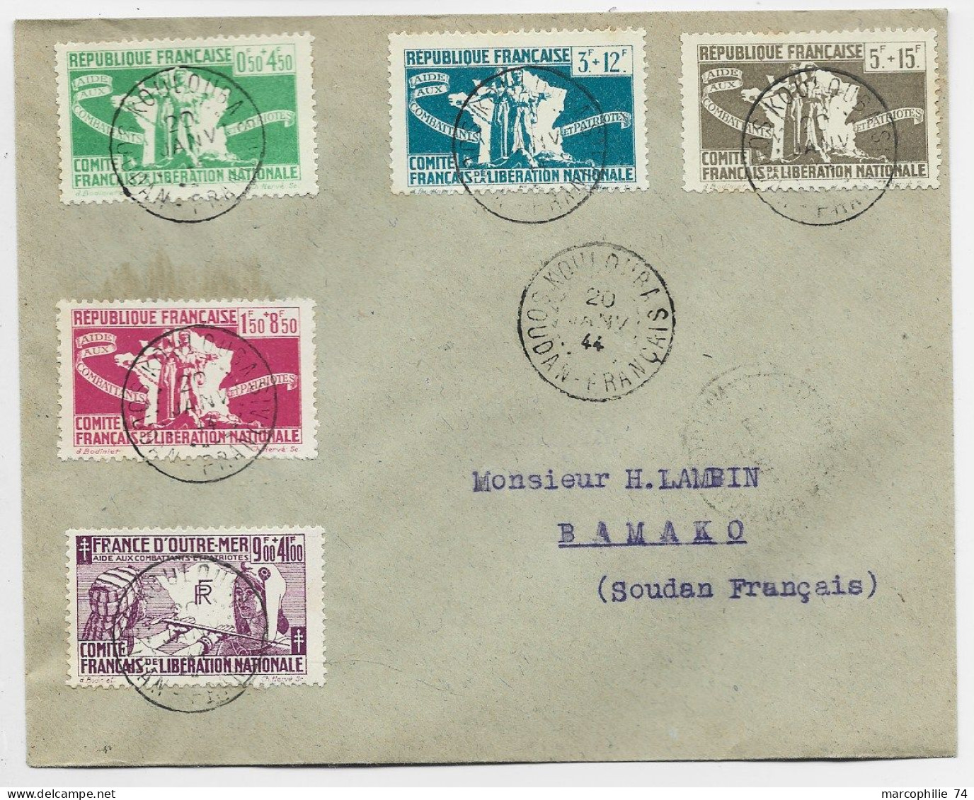 COLONIES LIBERATION NATIONALE SERIE SURTAXE 0FR50 A 5FR+ 9FR41FR LETTRE COVER KOULOUBA 20 JANV 1944 SOUDAN FRANCAIS - Andere & Zonder Classificatie