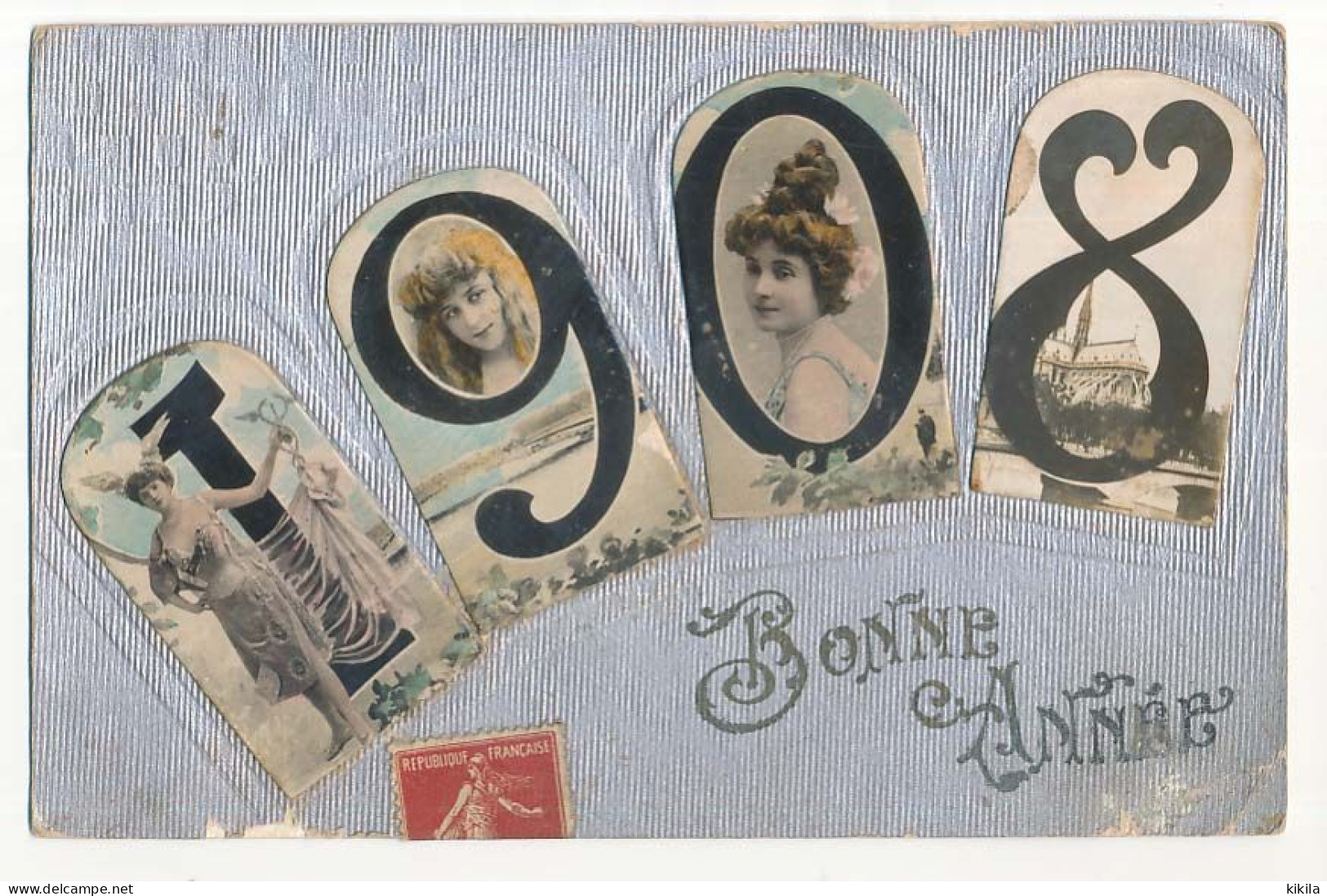 CPA 9 X 14 Année 1908 (10)  "Bonne Année" Chiffres Sur Cartons Collés Jeune Fille  Notre Dame Paris - Año Nuevo