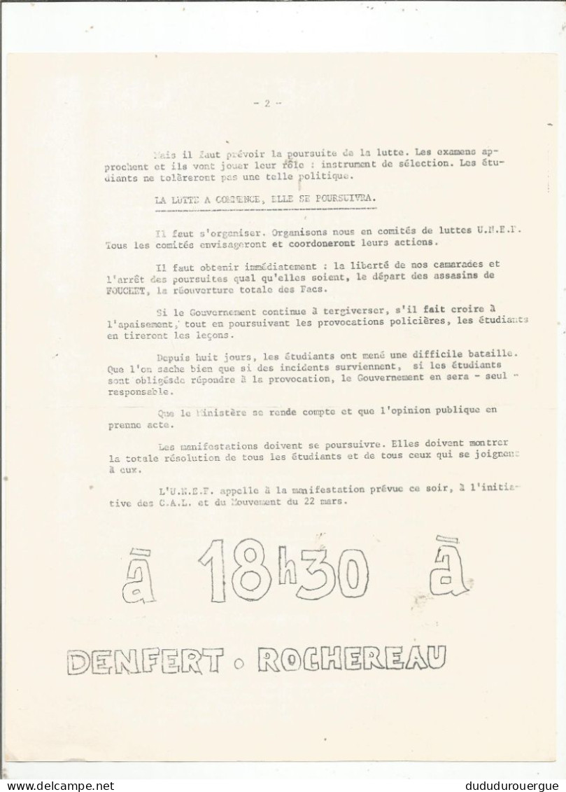 MAI 1968: TRACT : APPEL DE L UNEF A MANIFESTER A DENFERT ROCHEREAU - Unclassified