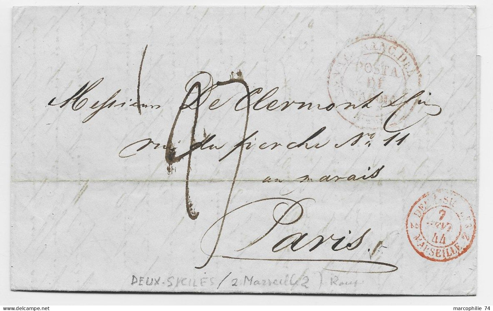 ITALIA LETTERA COVER POSTA DI NAPOLI 1844 POUR PARIS + DEUX SICILES MARSEILLE - ...-1850 Préphilatélie