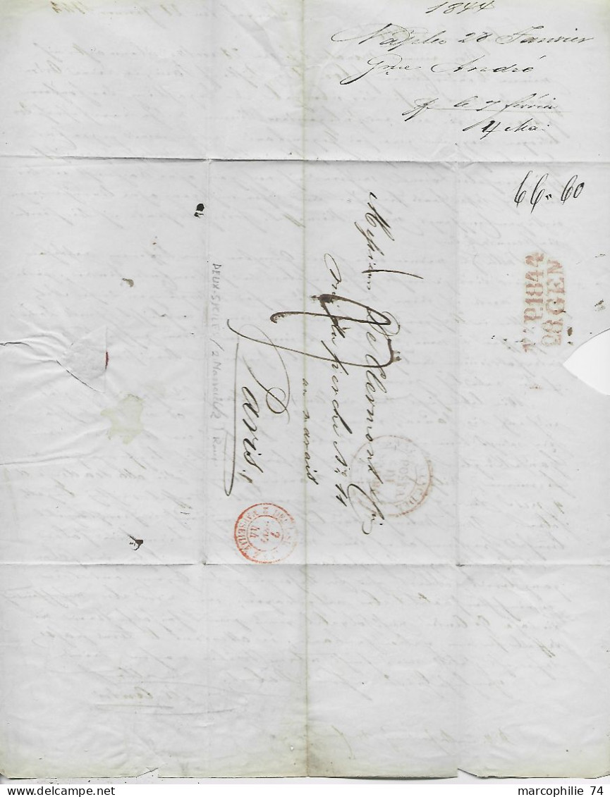 ITALIA LETTERA COVER POSTA DI NAPOLI 1844 POUR PARIS + DEUX SICILES MARSEILLE - 1. ...-1850 Vorphilatelie