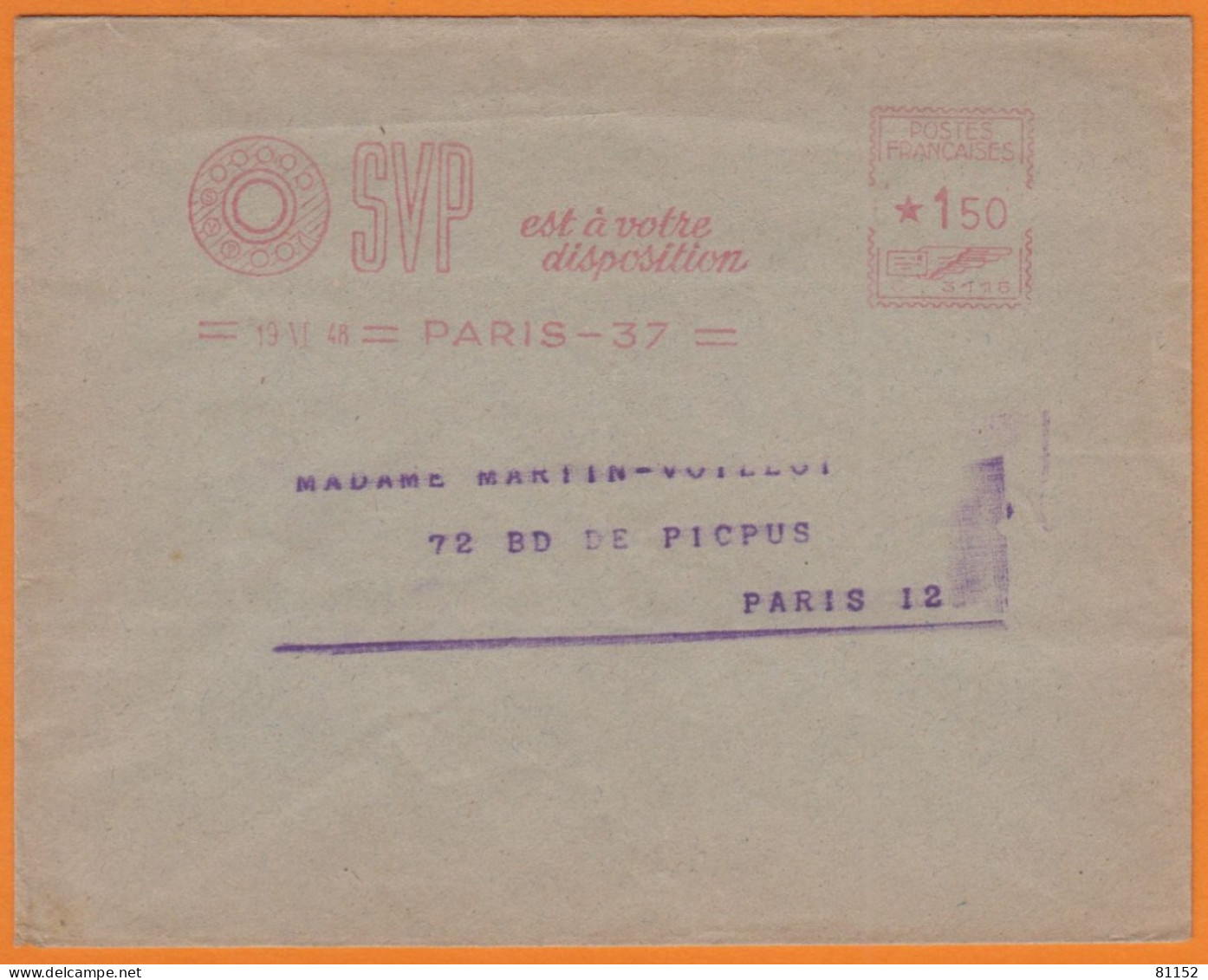 EMA  Sur Lettre De PARIS 37   Année 1948 " SVP Est à Votre Disposition " - EMA (Print Machine)