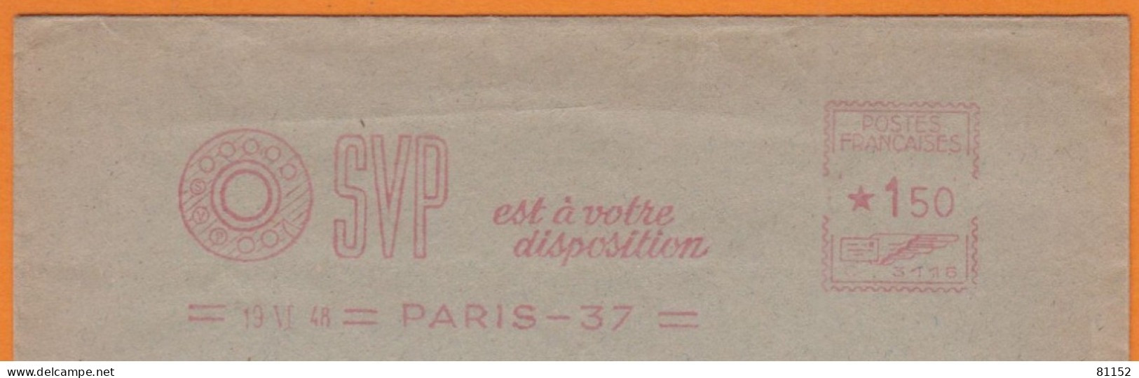 EMA  Sur Lettre De PARIS 37   Année 1948 " SVP Est à Votre Disposition " - EMA (Print Machine)