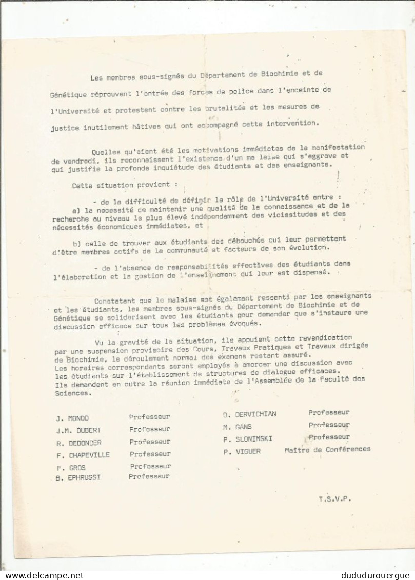 MAI 1968: TRACT : SUITE A L ENTREE DES FORCES DE POLICE DANS L ENCEINTE DE L UNIVERSITE ....... - Ohne Zuordnung