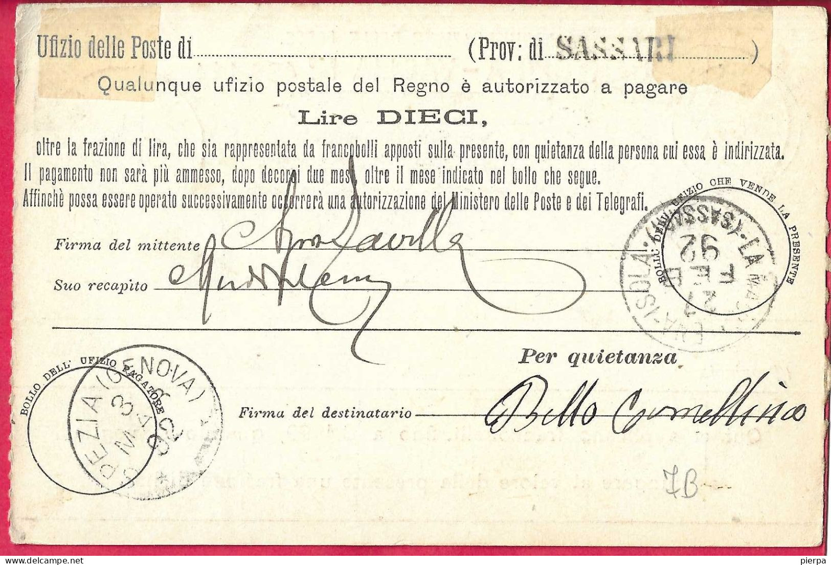 INTERO CARTOLINA- VAGLIA UMBERTO C.15 DA LIRE 10 (CAT. INT.7B) - DA "LA MADDALENA*28.FEB.1892* PER SPEZIA - Postwaardestukken