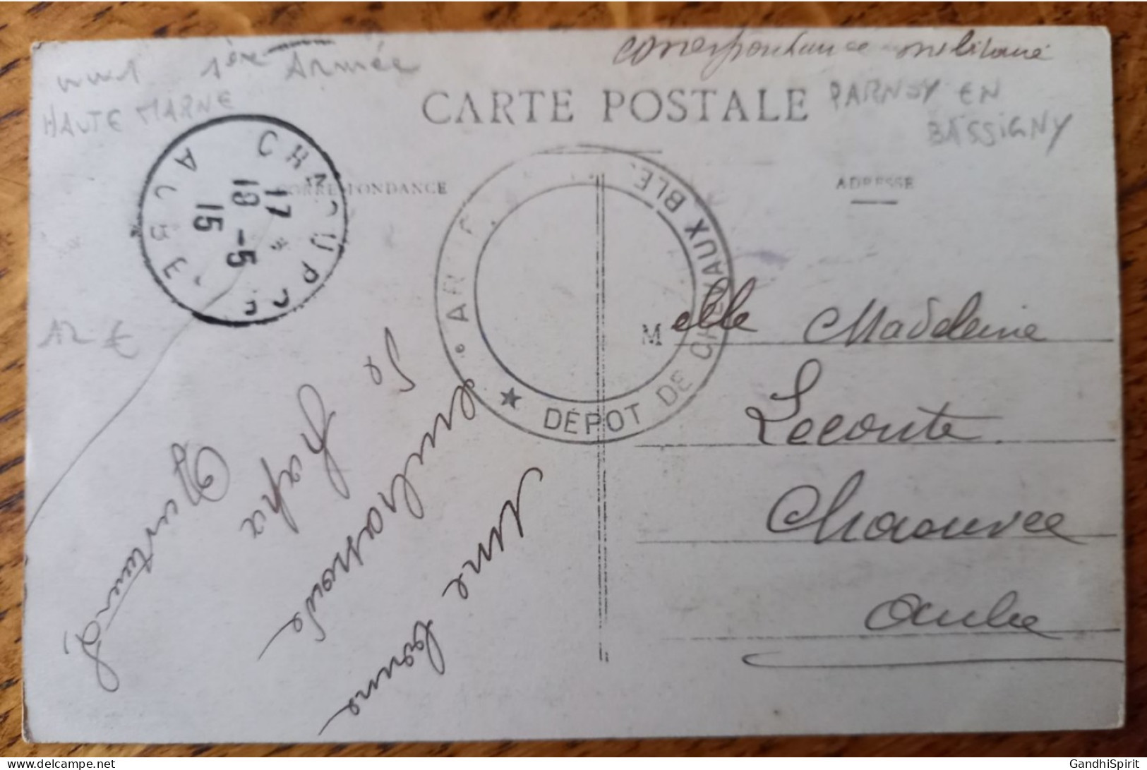 WW1 Parnoy En Bassigny? Cachet FM 1ère Armée, Dépôt Des Chevaux Blessés - Franchise Postale Militaire Pour Chaource - Guerra De 1914-18