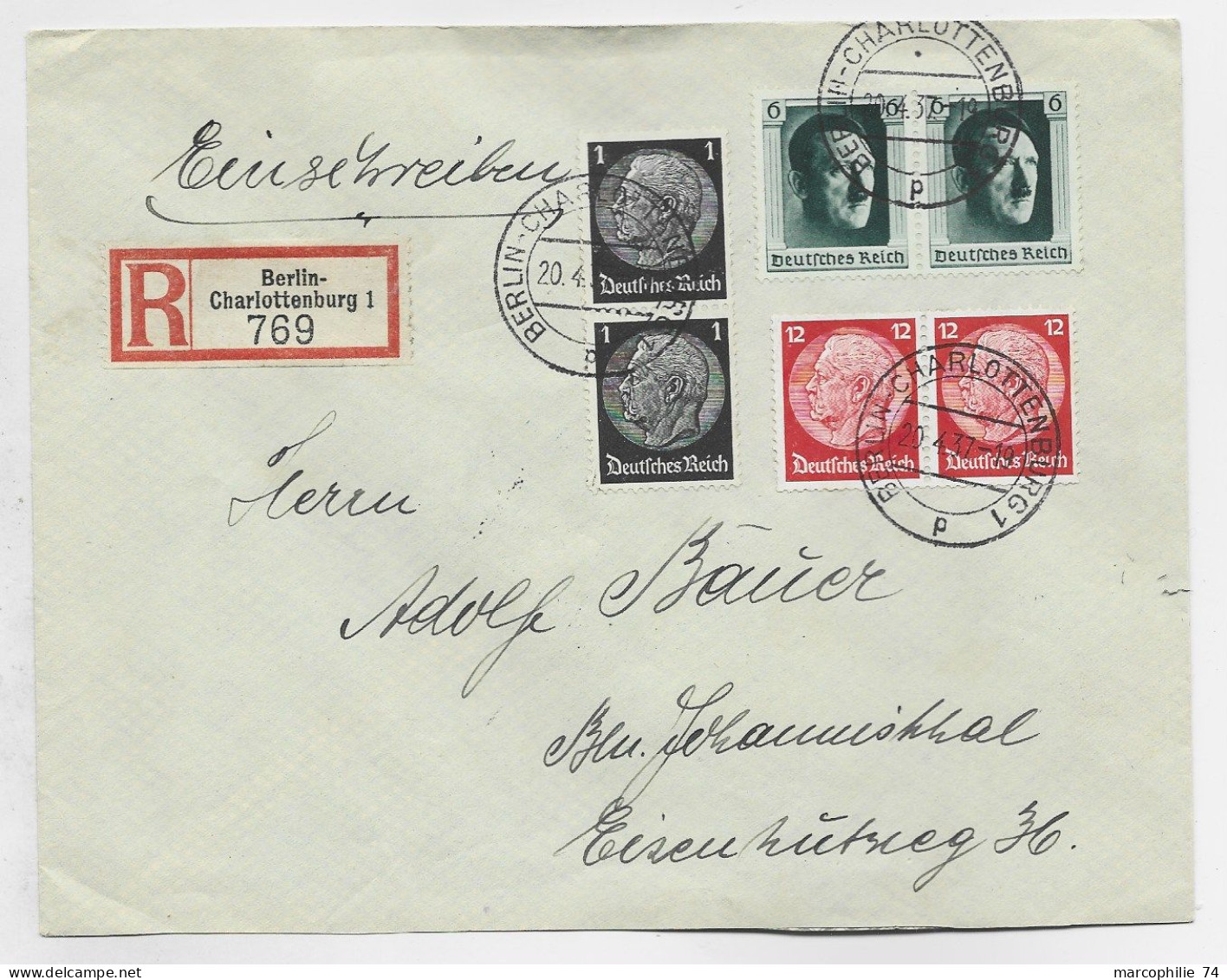 GERMANY REICH 6CX2+12CX2+2CX2 LETTRE COVER BRIEF REC BERLIN CHARLOTTENBURG 20.4.1937 TO GERMANY - Storia Postale