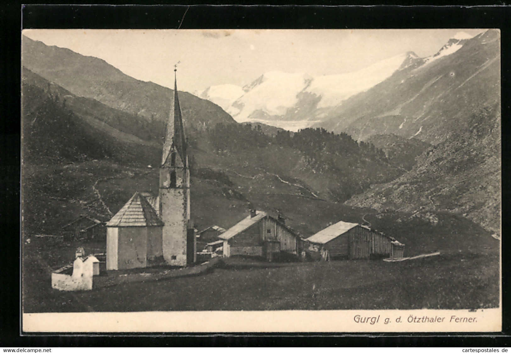 AK Gurgl, Ortspartie Mit Kirche Gegen Den Ötzthaler Ferner  - Andere & Zonder Classificatie