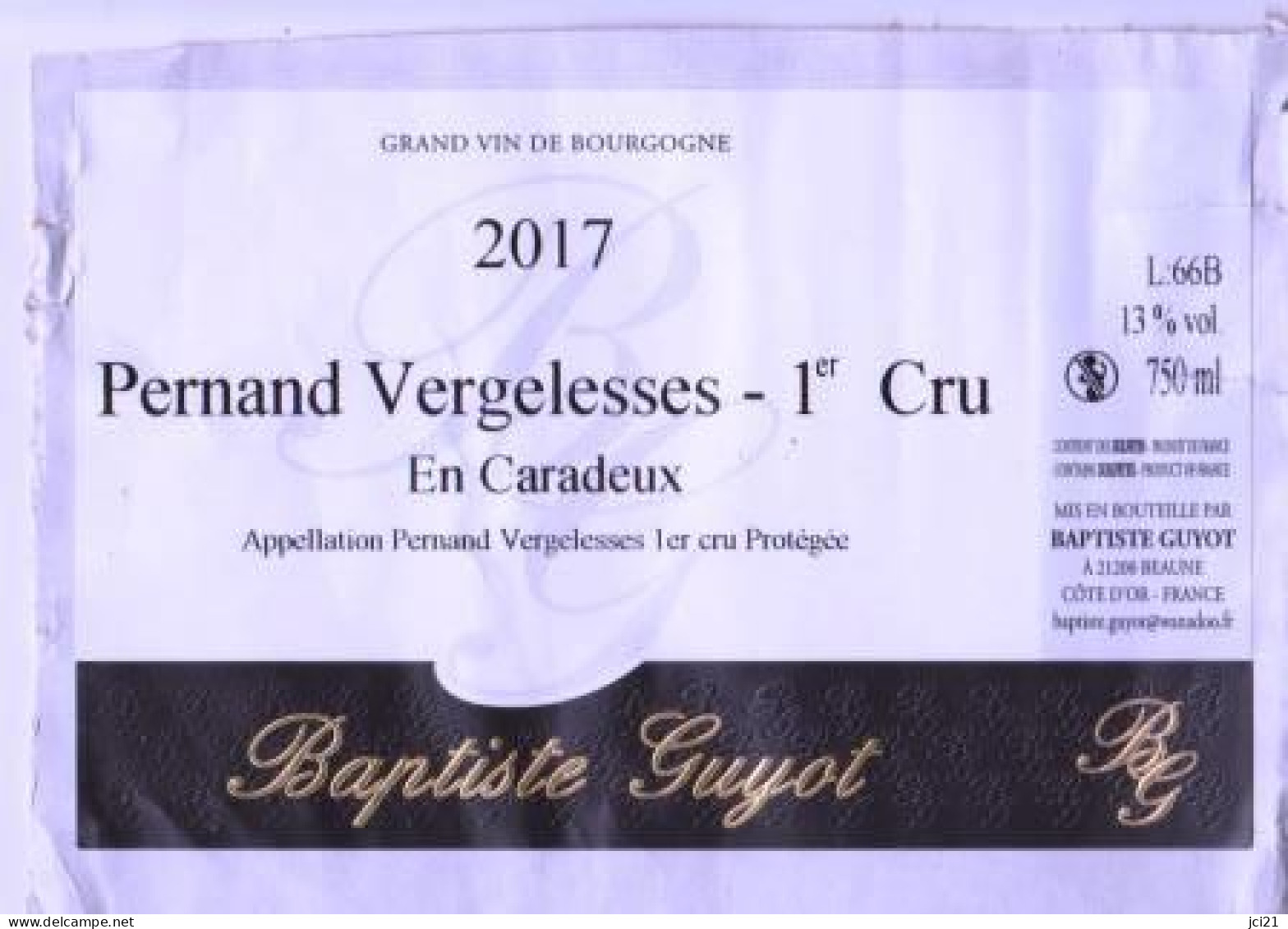 Etiquette " PERNAND VERGELESSES 2017 1er Cru En Caradeux " Baptiste Guyot (2511)_ev429 - Bourgogne