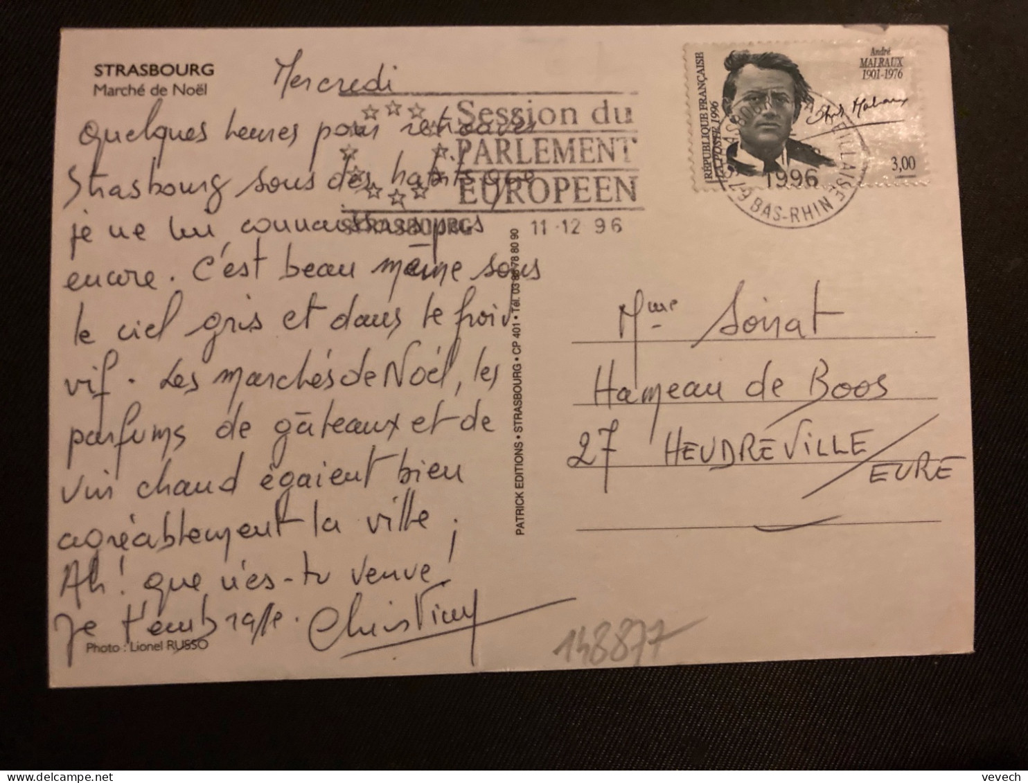 CP TP ANDRE MALRAUX 3,00 OBL.MEC.11-12 1996 67 STRASBOURG MARSEILLAISE BAS-RHIN - Storia Postale