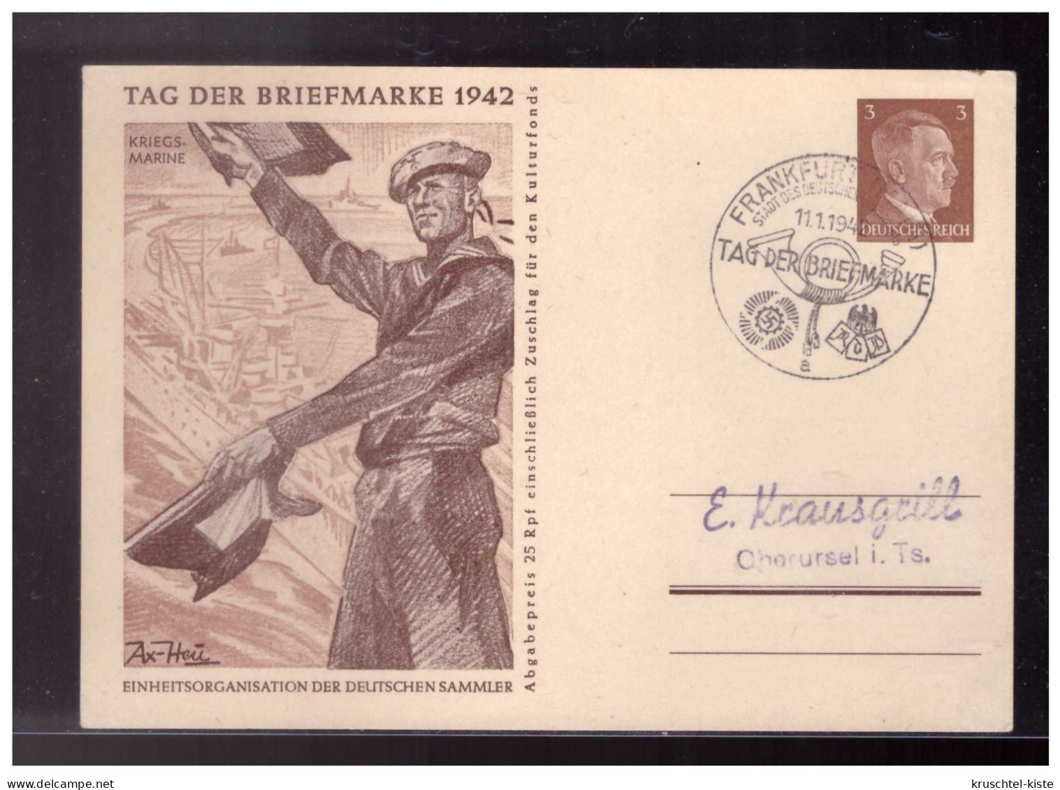 DT- Reich (024180) Ganzsache P308/ 03 Tag Der Briefmarke 1942, Kriegsmarine, Blanco Gest.mit SST Frankfurt/ Main 11.1.42 - Postcards