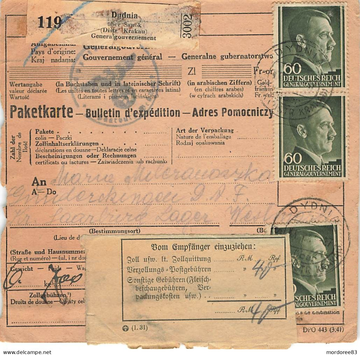 GENERAL GOUVERNEMENT PAKETKARTE DUDNIA LIBER SANOK KRAKAU  28/5/1944 SAARBRUCK LAGER - Besetzungen 1938-45