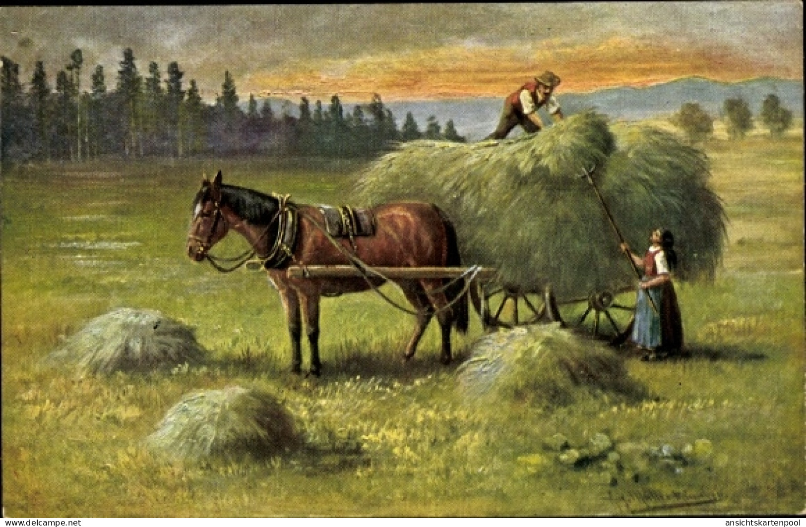 Artiste Lithographie Müller, A., Bauer Und Bäuerin Beladen Heu Auf Den Wagen, Pferd - Sonstige & Ohne Zuordnung