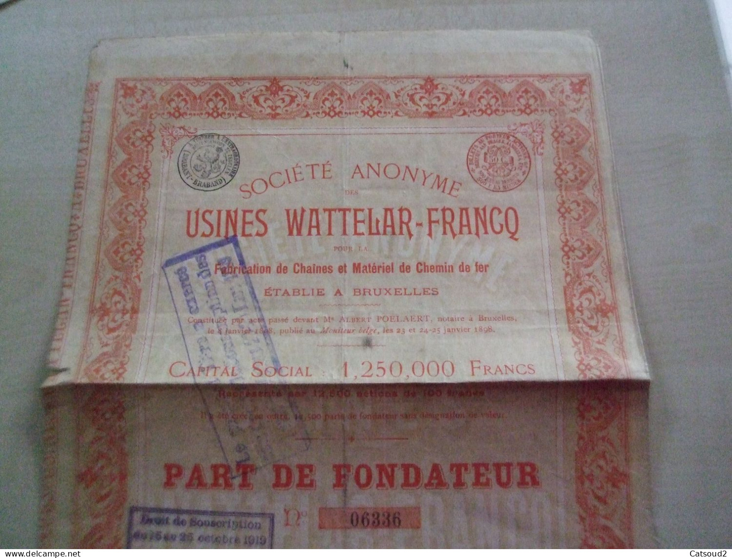 Ancienne Part Sociale 1898 USINES WATTELAR-FRANCQ Fabrication Chaînes Et Matériel De Chemin De Fer - Other & Unclassified