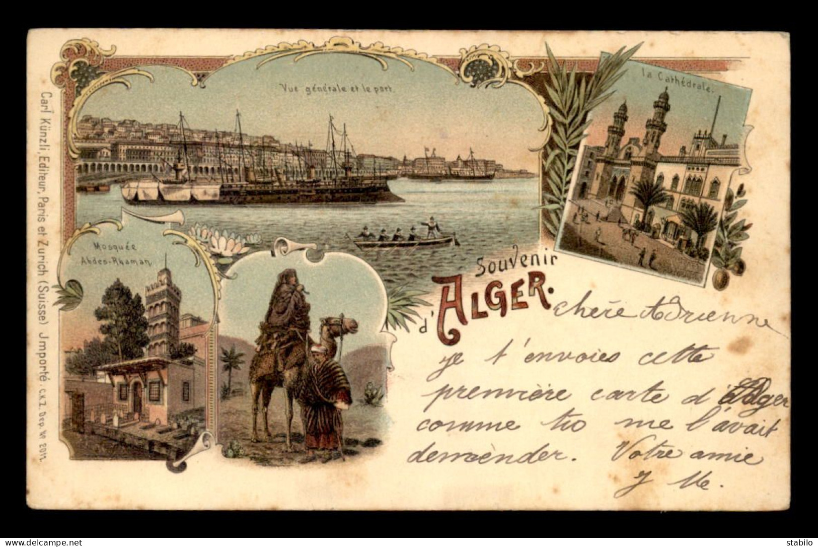 ALGERIE - ALGER - SOUVENIR - CARTE LITHOGRAPHIQUE GRUSS KUNZLI - Alger