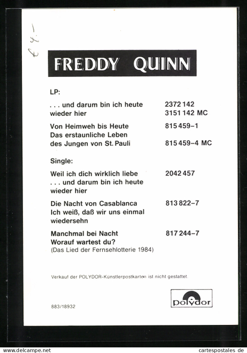 AK Freddy Quinn, Original Autograph Des Musikers  - Música Y Músicos
