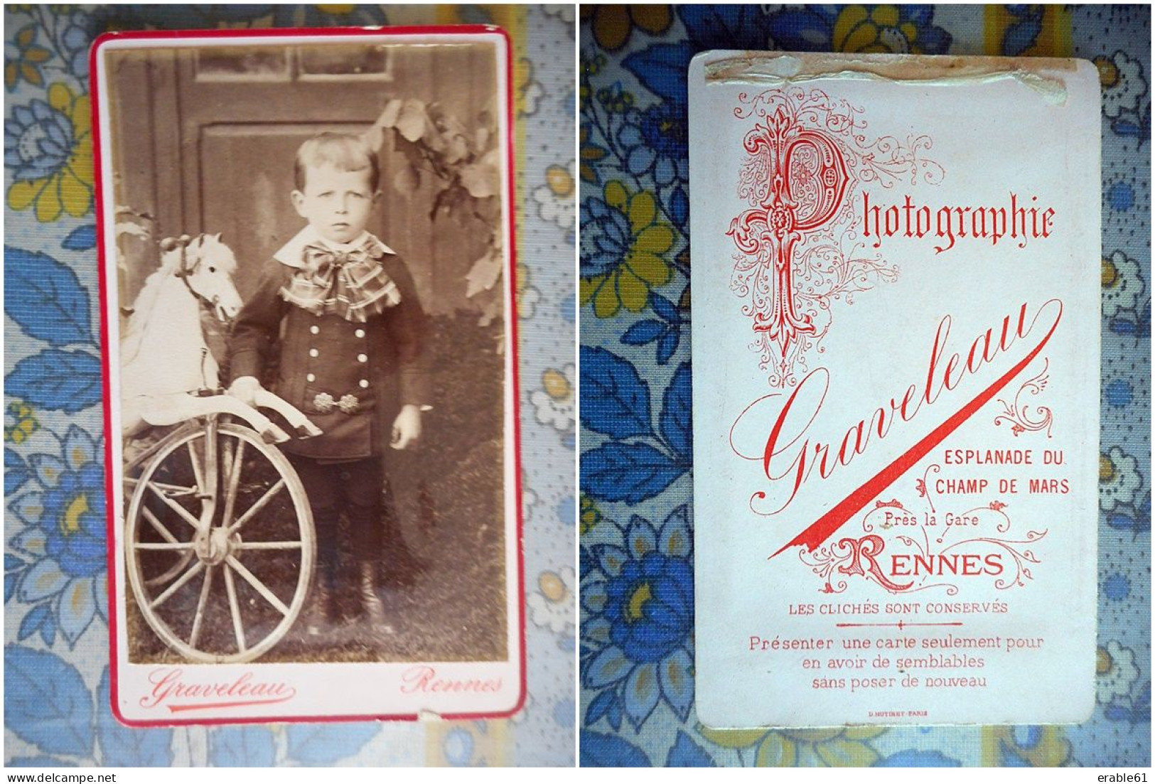 PHOTO CDV ENFANT JEUNE GARCON ET SON JOUET TRICYCLE CHEVAL  MODE Cabinet GRAVELEAU  A RENNES - Ancianas (antes De 1900)