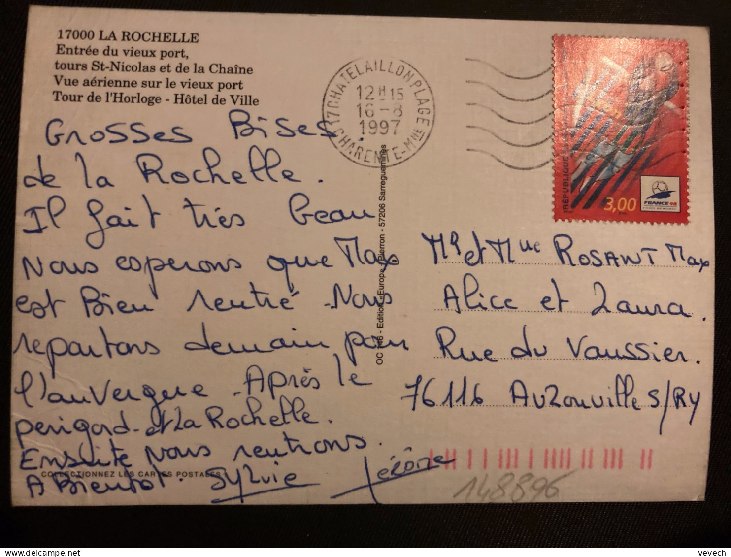 CP TP FRANCE 98 FOOTBALL LYON 3,00 OBL.MEC.16-8 1997 17 CHATELAILLON PLAGE - Storia Postale