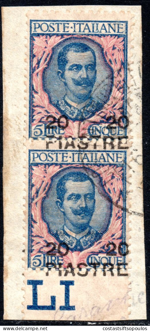 3111.1908 5th. PRINTING 20P/5L PAIR ON PIECE, #20G - Europese En Aziatische Kantoren