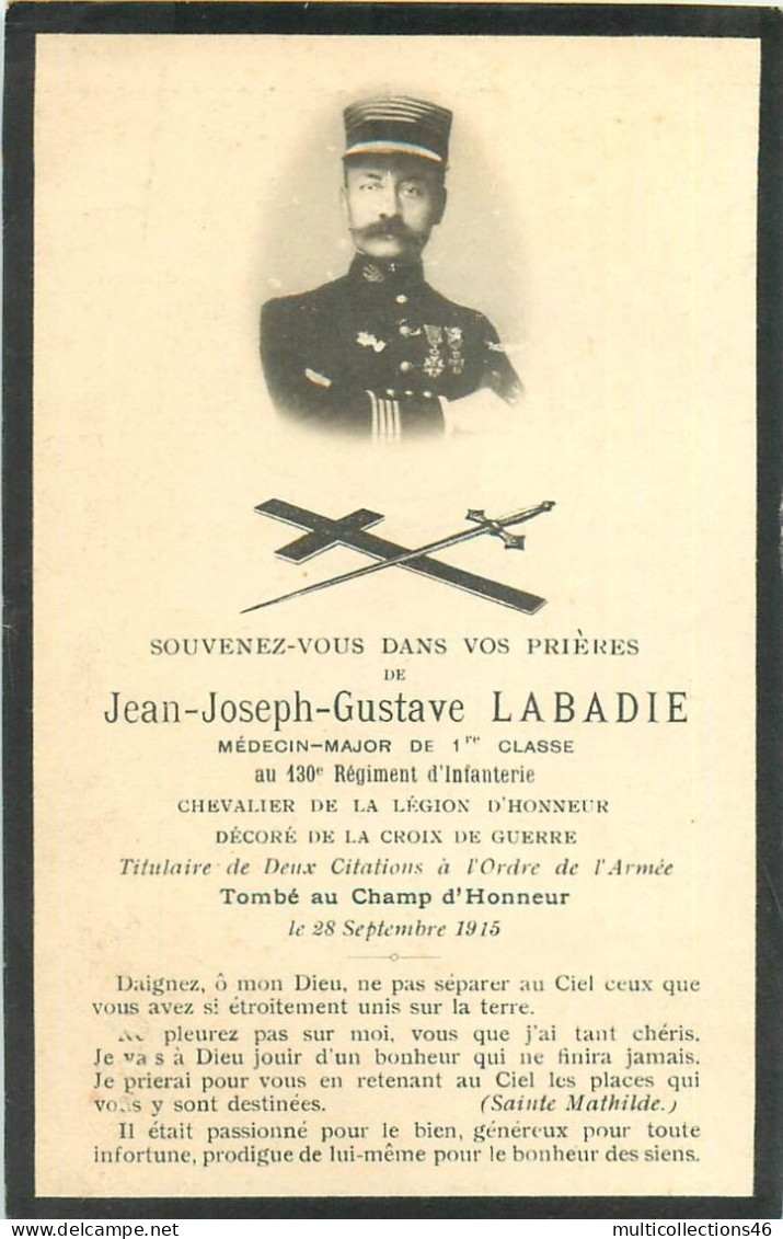 090524 - FAIRE PART DE DECES - MILITARIA WW1 14 18 - Médecin Major 1ère Classe 130e RI - LABADIE Généalogie - Décès