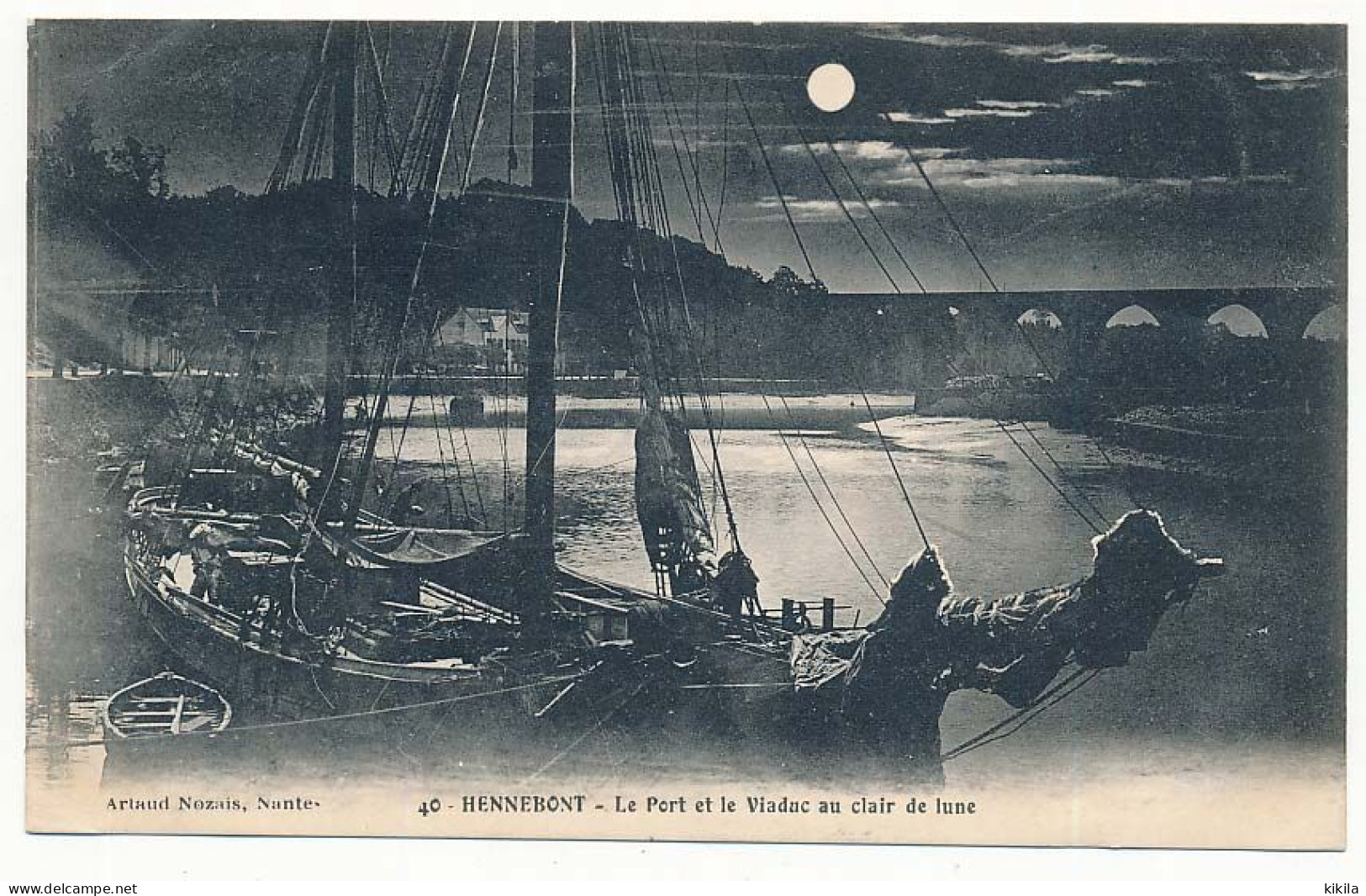 CPA 9 X 14 Morbihan HENNEBONT Le Port Et Le Viaduc Au Clair De Lune  Bateaux De Pèche Voilier - Hennebont