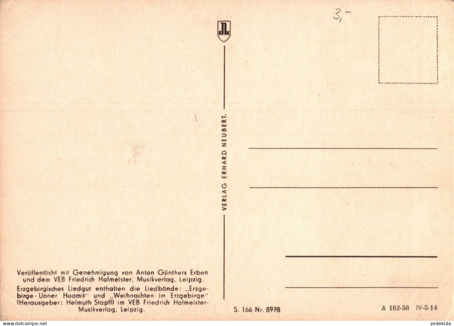 H2197 - Anton Günther Liedkarte - De Ufenbank .... Erzgebirgisches Volkslied - Erhard Neubert DDR - Muziek