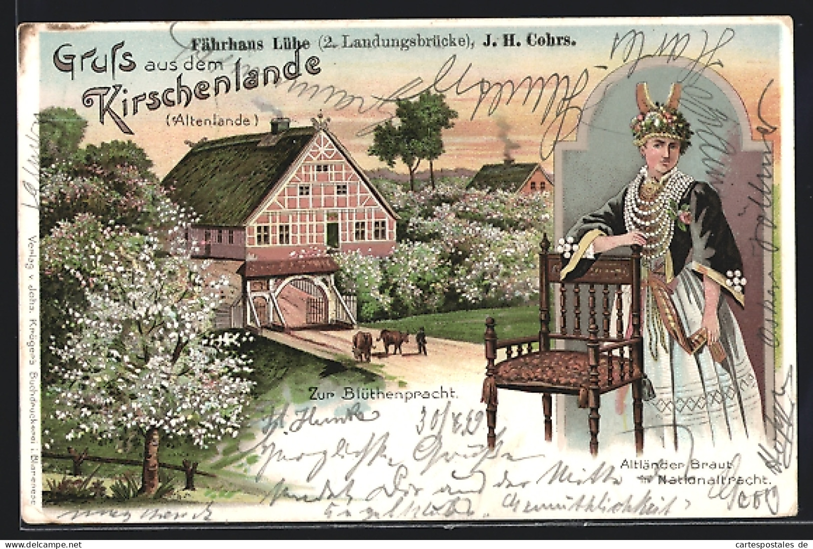 Lithographie Lühe, Altländer Braut In Nationaltracht, Bauerngehöft Zur Blütenpracht  - Other & Unclassified