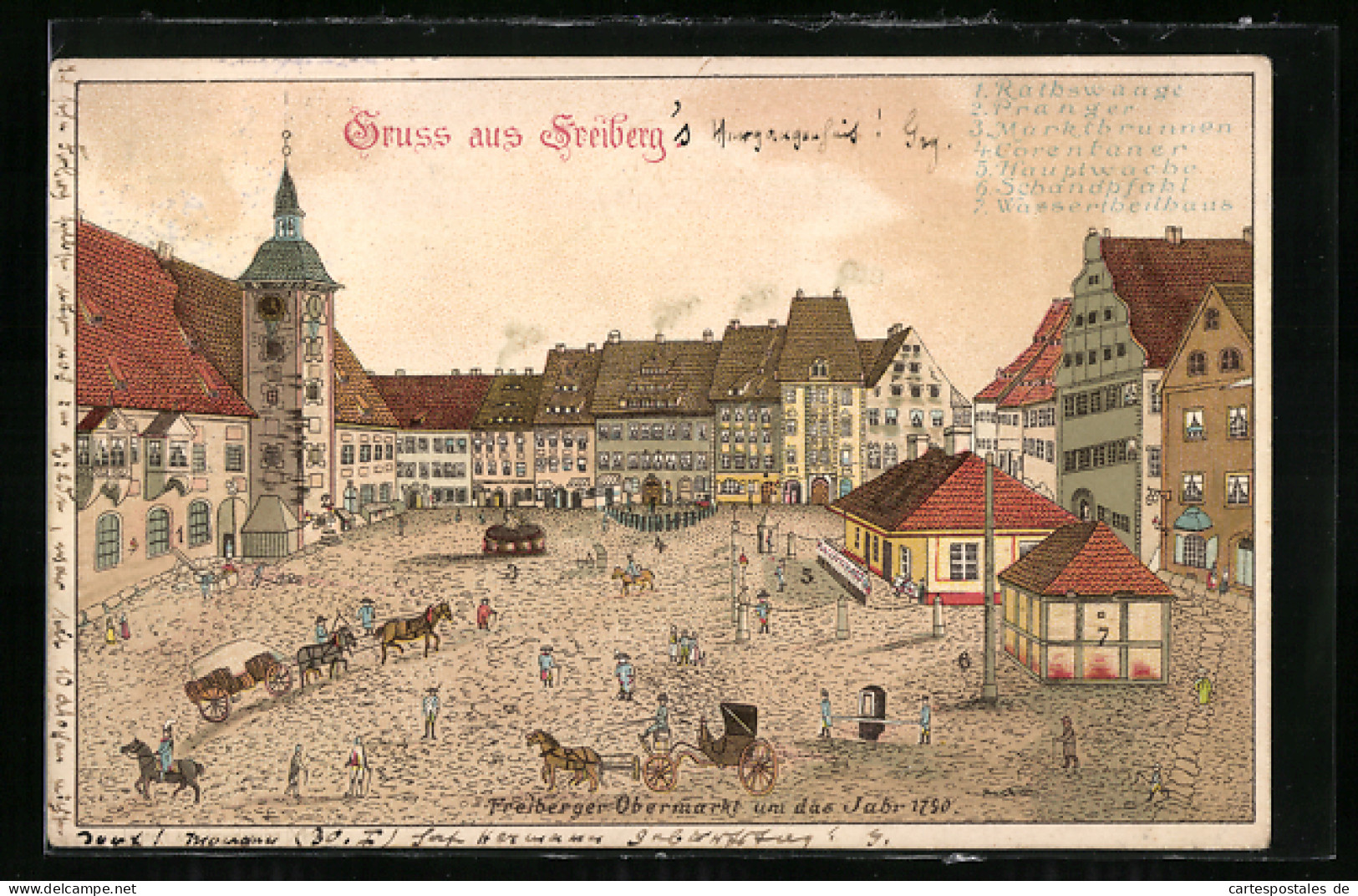 Lithographie Freiberg, Obermarkt Um Das Jahr 1790, Rathswaage, Pranger, Marktbrunnenh, Etc.  - Freiberg (Sachsen)