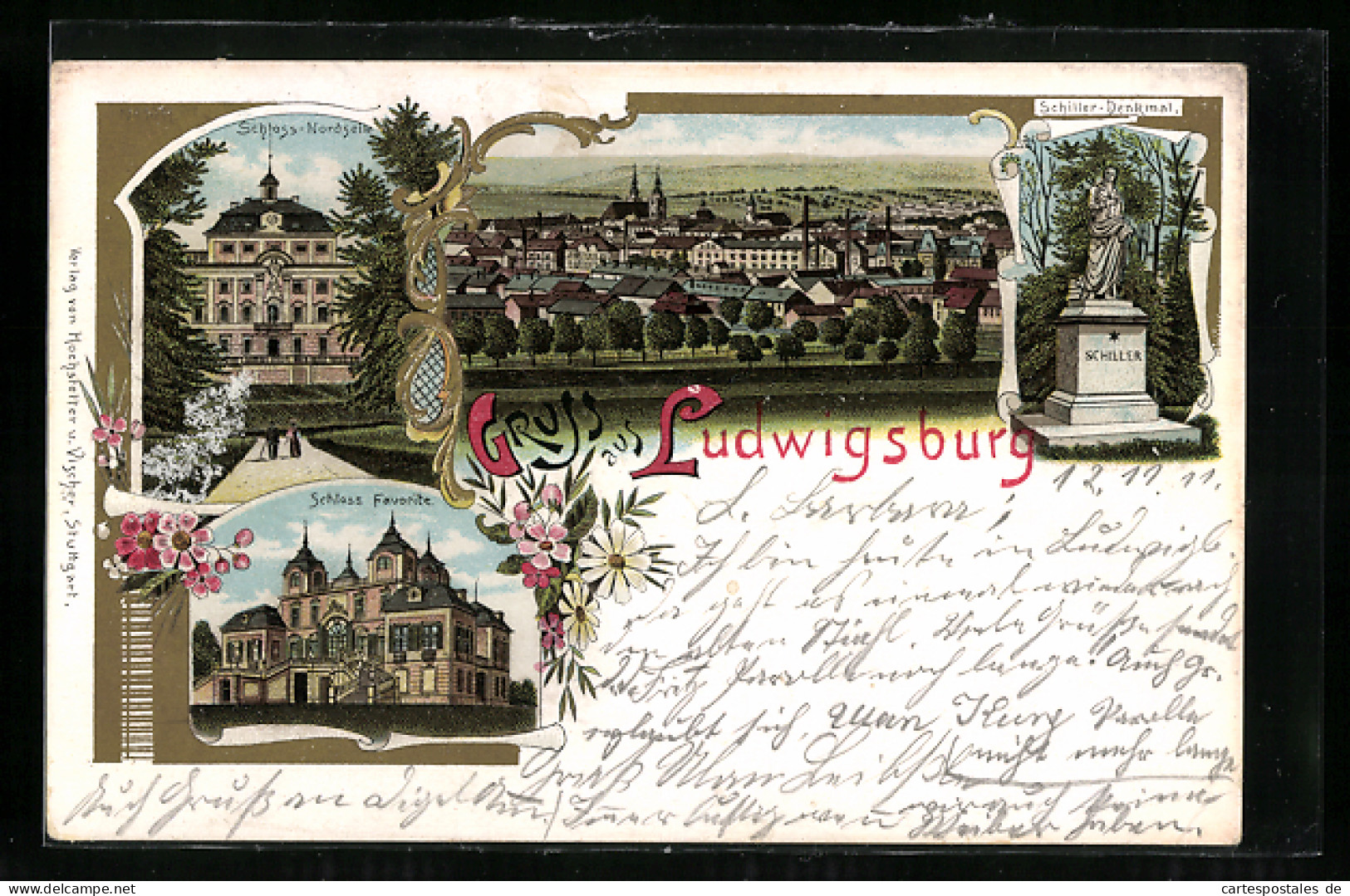 Lithographie Ludwigsburg, Schloss Favorite, Schiller-Denkmal Und Ortsansicht Aus Der Vogelschau  - Ludwigsburg
