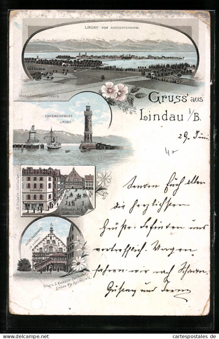 Lithographie Lindau I /B., Reichsplatz Mit Zigarrengeschäft, Altes Rathaus, Hafeneinfahrt  - Lindau A. Bodensee