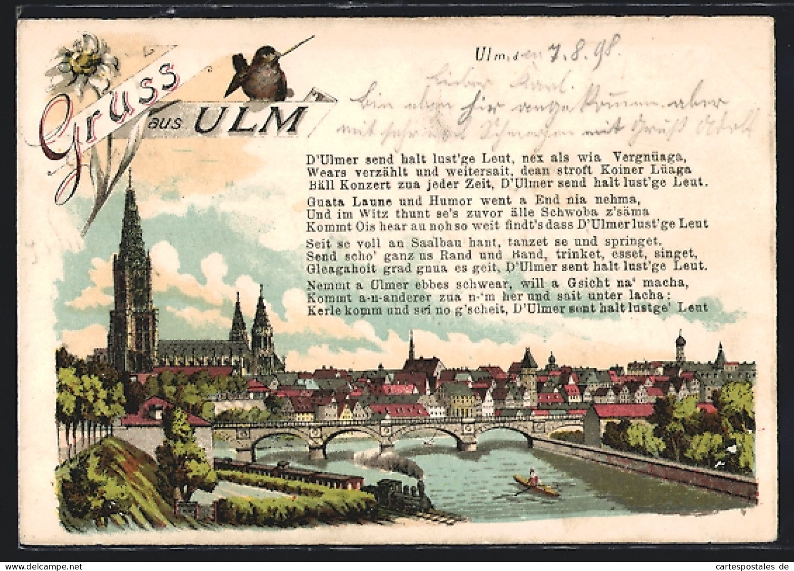 Lithographie Ulm, Flusspartie Mit Brücke Und Münster  - Ulm