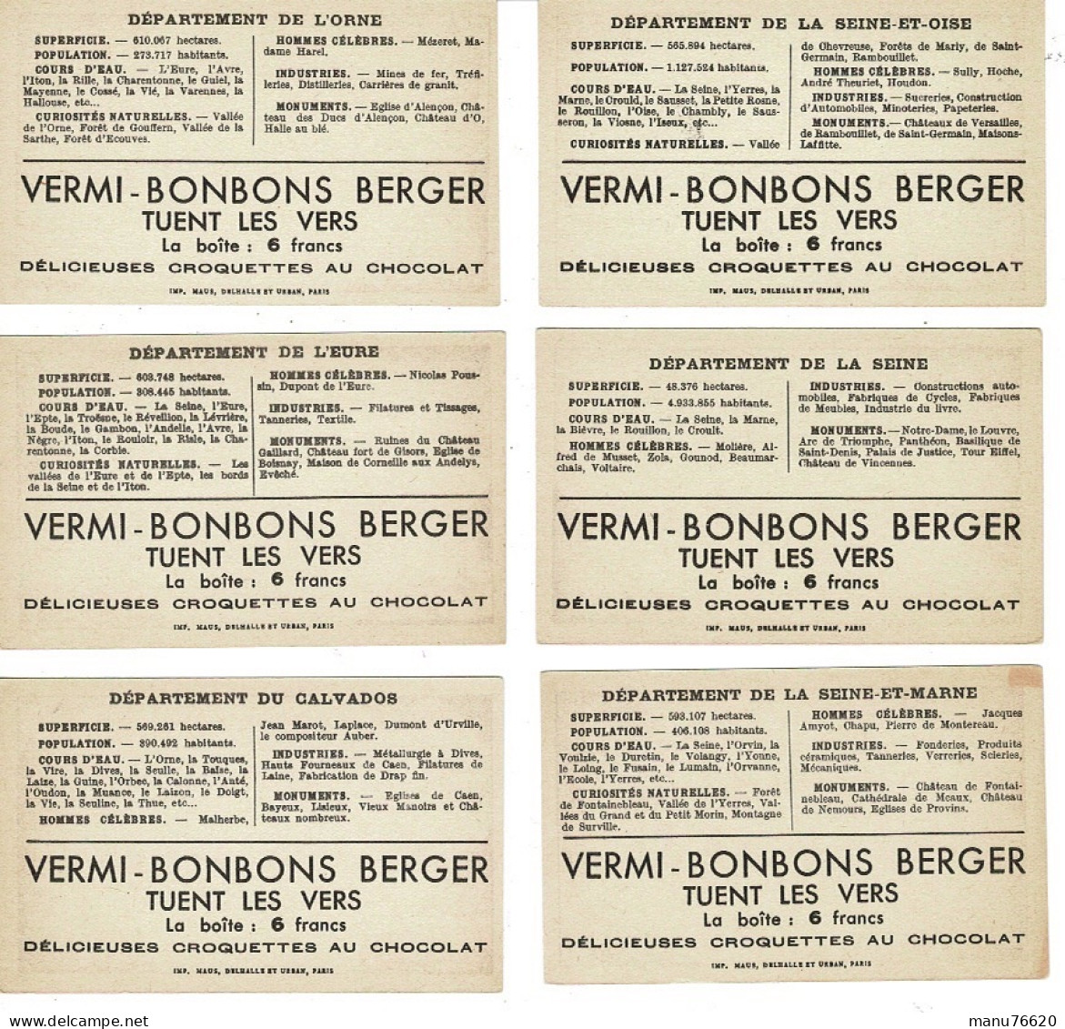 Chromo : 6 Images Vermi-bonbons Berger . Région : Normandie Et Paris . - Andere & Zonder Classificatie