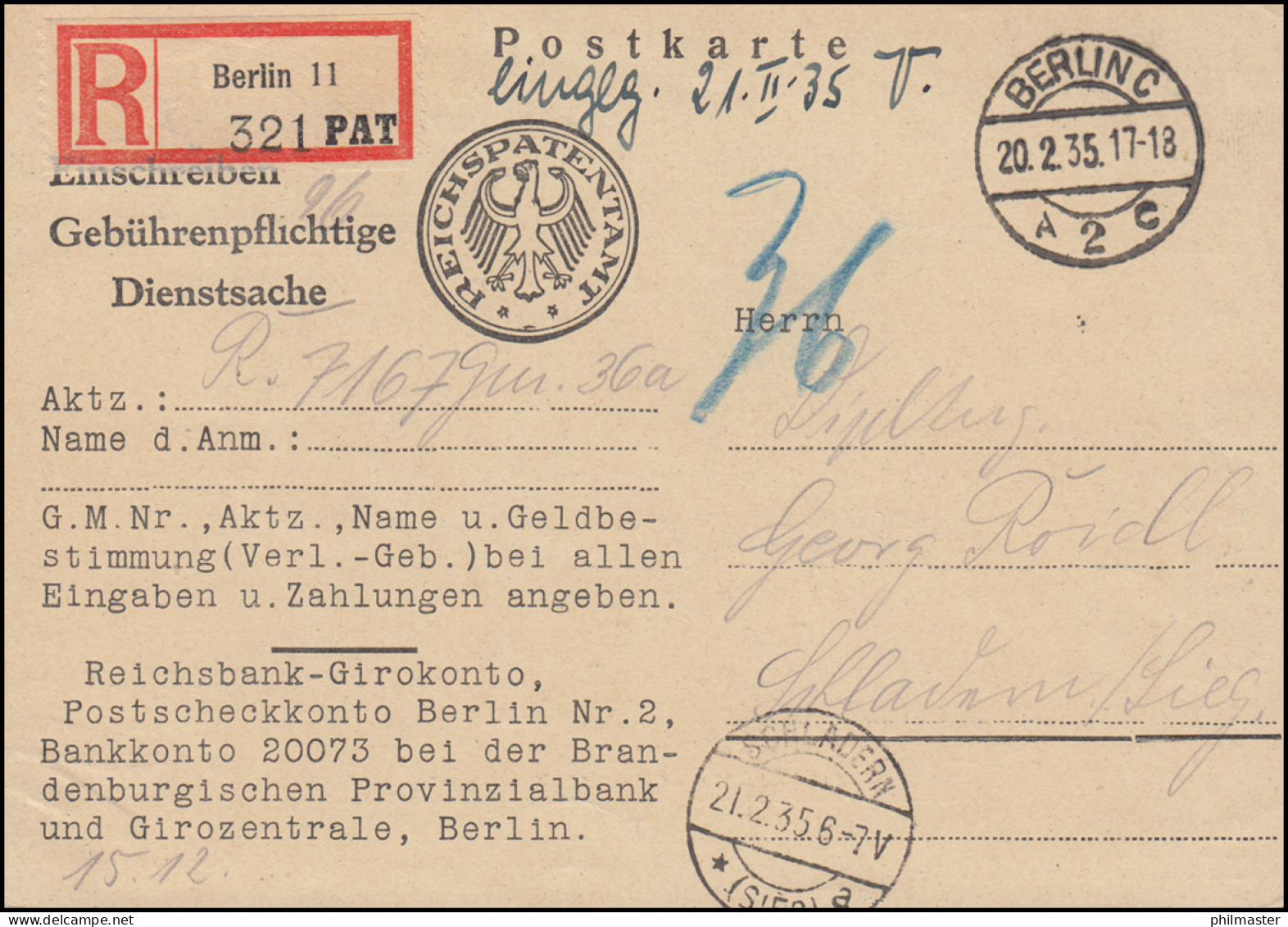 Gebührenpflichtige Dienstsache Reichspatentamt R-Postkarte BERLIN 20.2.1935 - Explorateurs