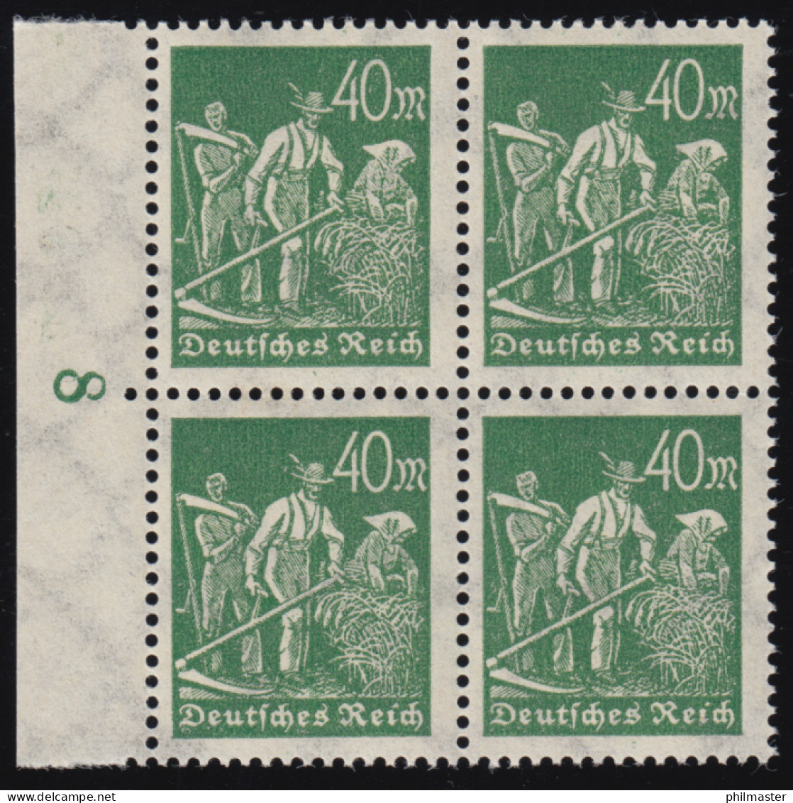 244d Freimarke Arbeiter 40 M, Dunkelolivgrün, Viererblock Rand Li. Postfrisch ** - Unused Stamps