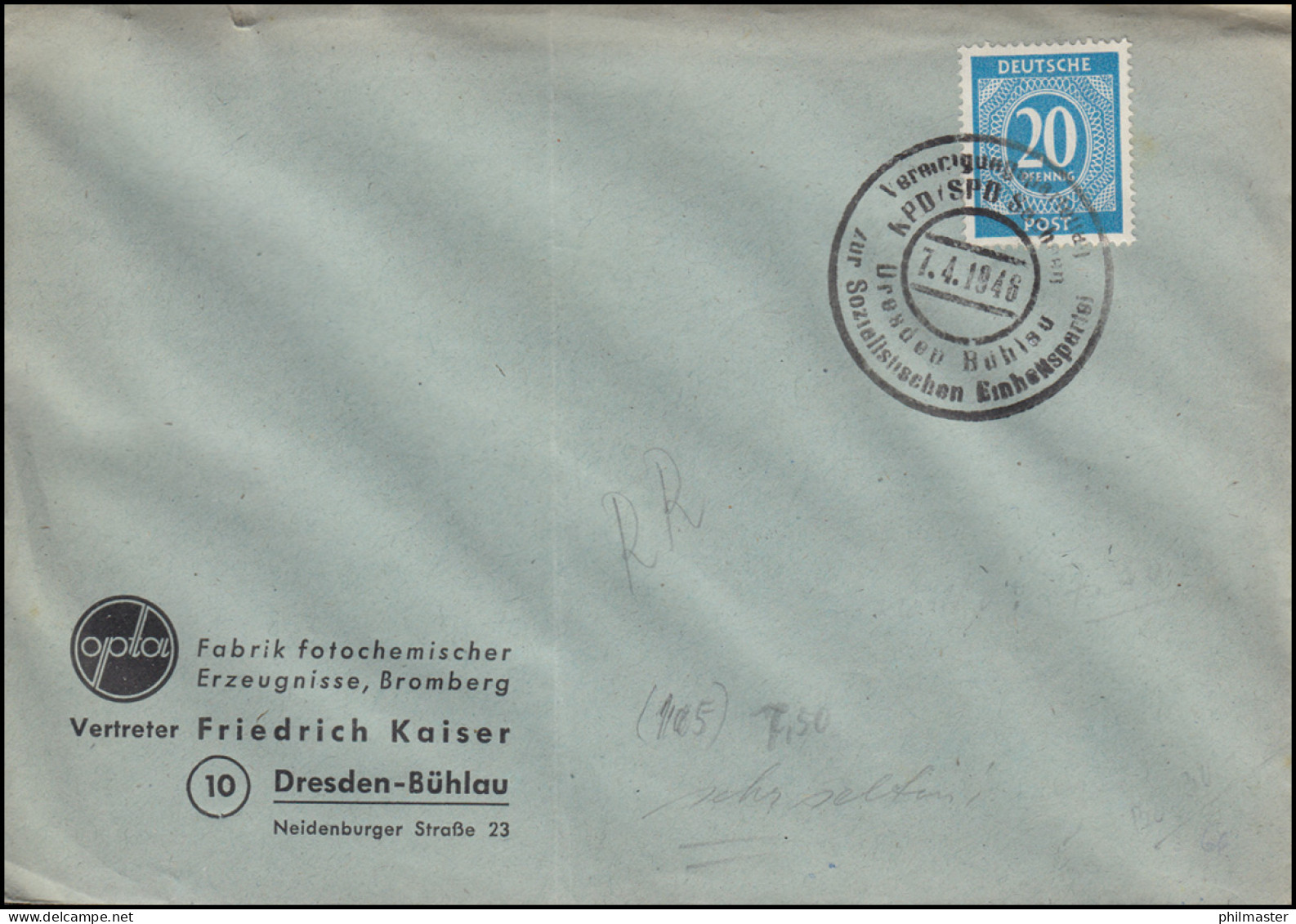 924 Ziffer Brief SSt Dresden Vereinigungsparteitag KPD Und SPD Zur SED 7.4.1946 - Altri & Non Classificati