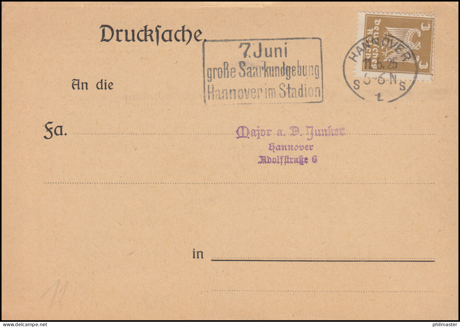 355 Adler EF Auf Drucksache HANNOVER 7. Juli Große Saarkundgebung 11.5.1925 - Sonstige & Ohne Zuordnung