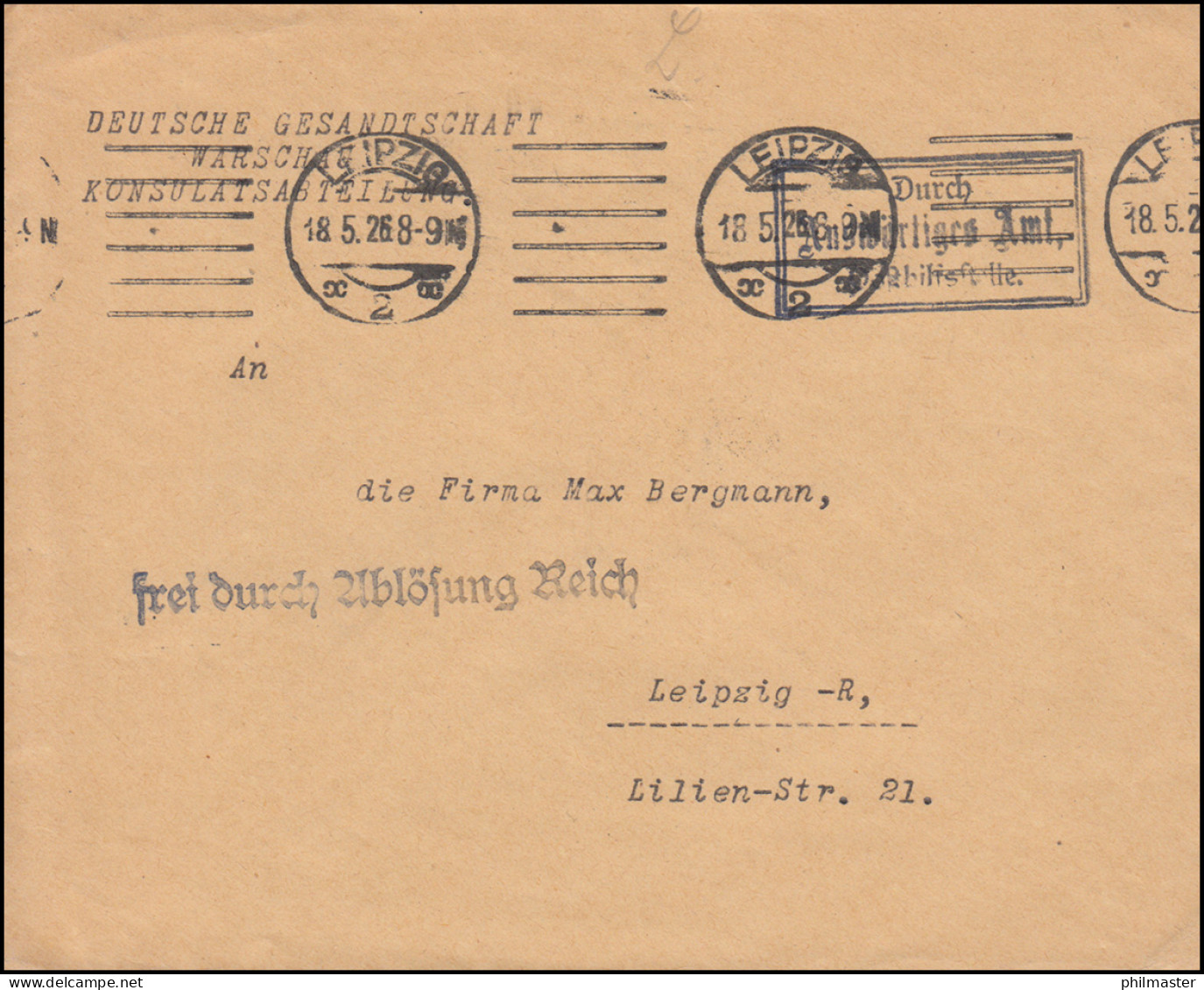 Frei Durch Ablösung Reich Gesandtschaft Warschau, Orts-Brief LEIPZIG 18.5.1926 - Other & Unclassified