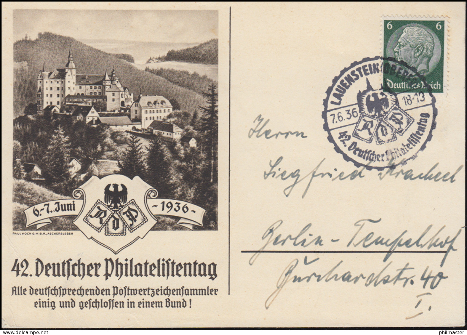42. Deutscher Philatelistentag 1936 Schmuck-Postkarte SSt LAUENSTEIN 7.6.1936 - Briefmarkenausstellungen
