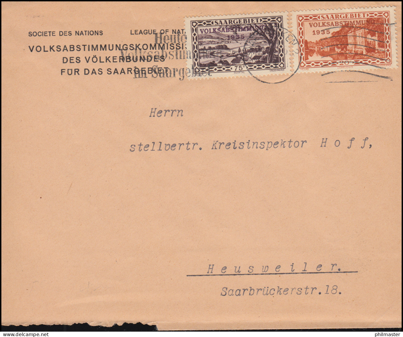 181+187 Aufdruckmarken Brief Volksabstimmungskommission SAARBRÜCKEN 13.1.1935 - Other & Unclassified