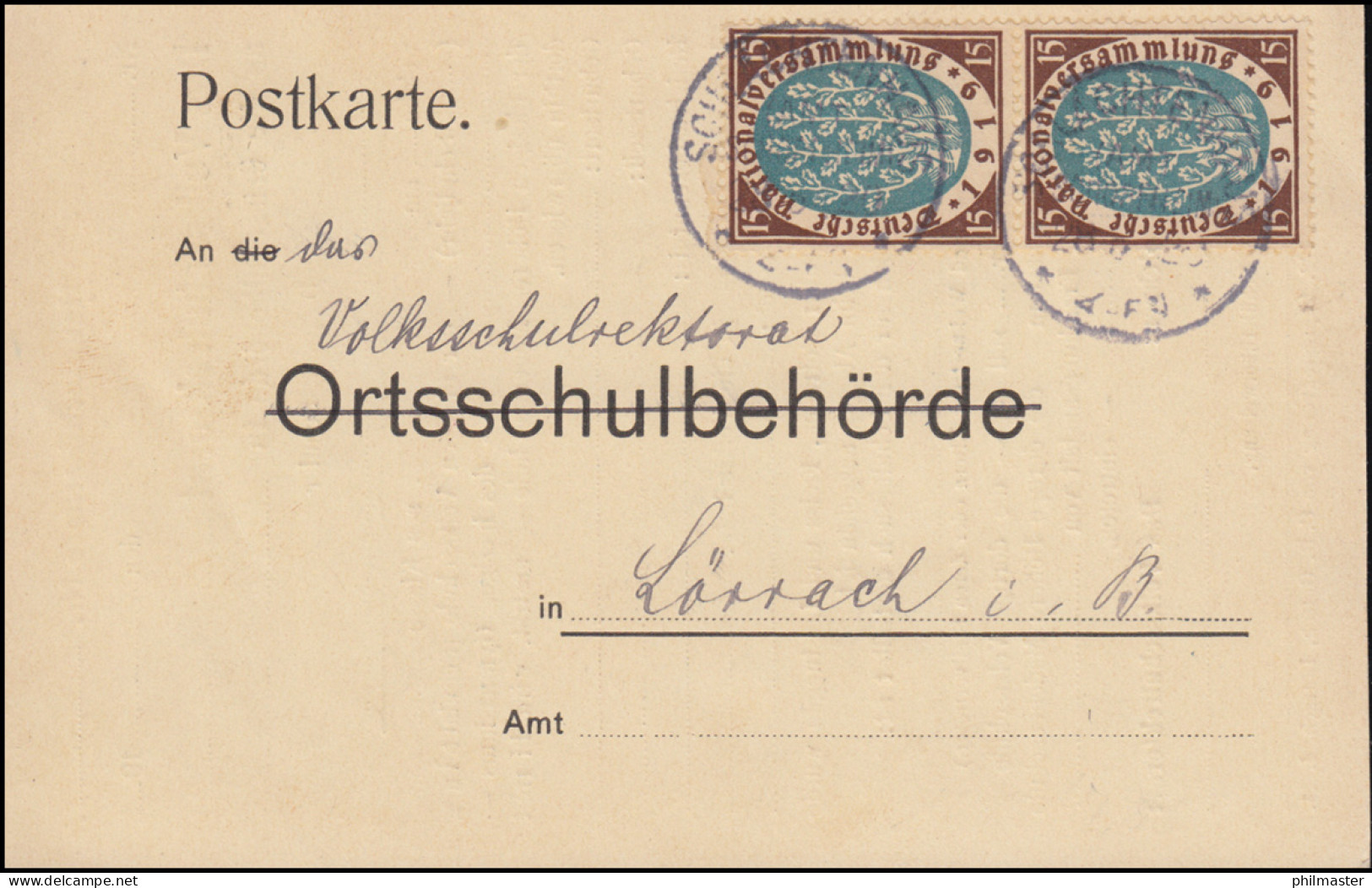 108 Nationalversammlung MeF Postkarte SCHLÄCHTENHAUS (AMT SCHOPFHEIM) 28.6.1920 - Sonstige & Ohne Zuordnung