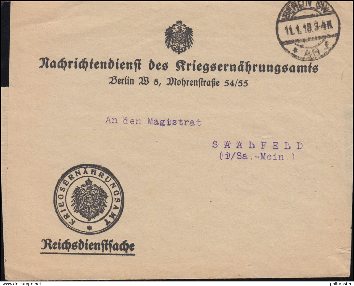 Reichsdienstsache Nachrichtenblatt Des Kriegsernähungsamts BERLIN 11.1.1918 - Zonder Classificatie