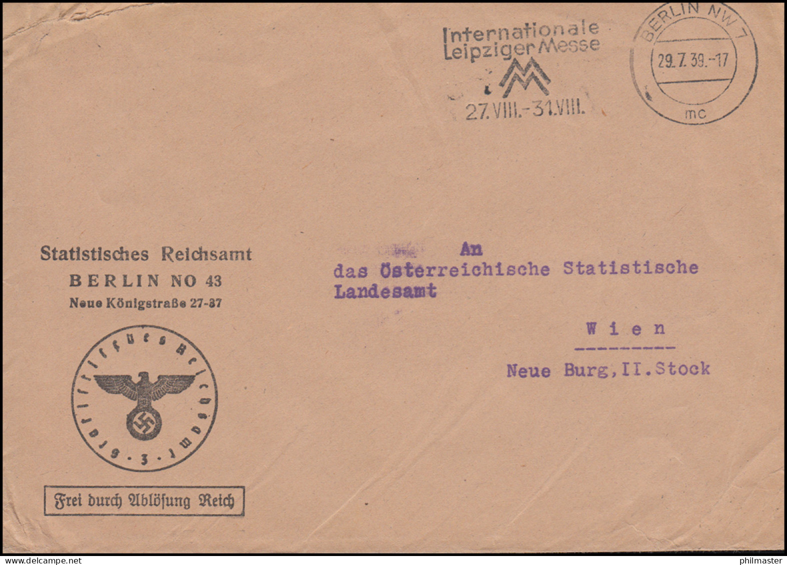 Frei Durch Ablösung Statistisches Reichsamt BERLIN 29.7.1939 Brief Nach Wien - Other & Unclassified