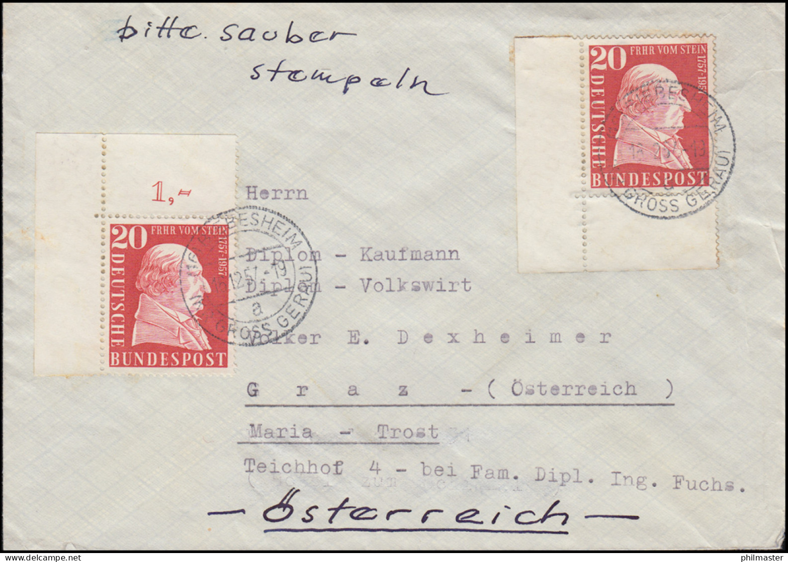 277 Von Und Zu Stein: Ecken O.l. Und U.l. MeF BIEBESHEIM 16.12.57 Auslands-Bf. - Lettres & Documents