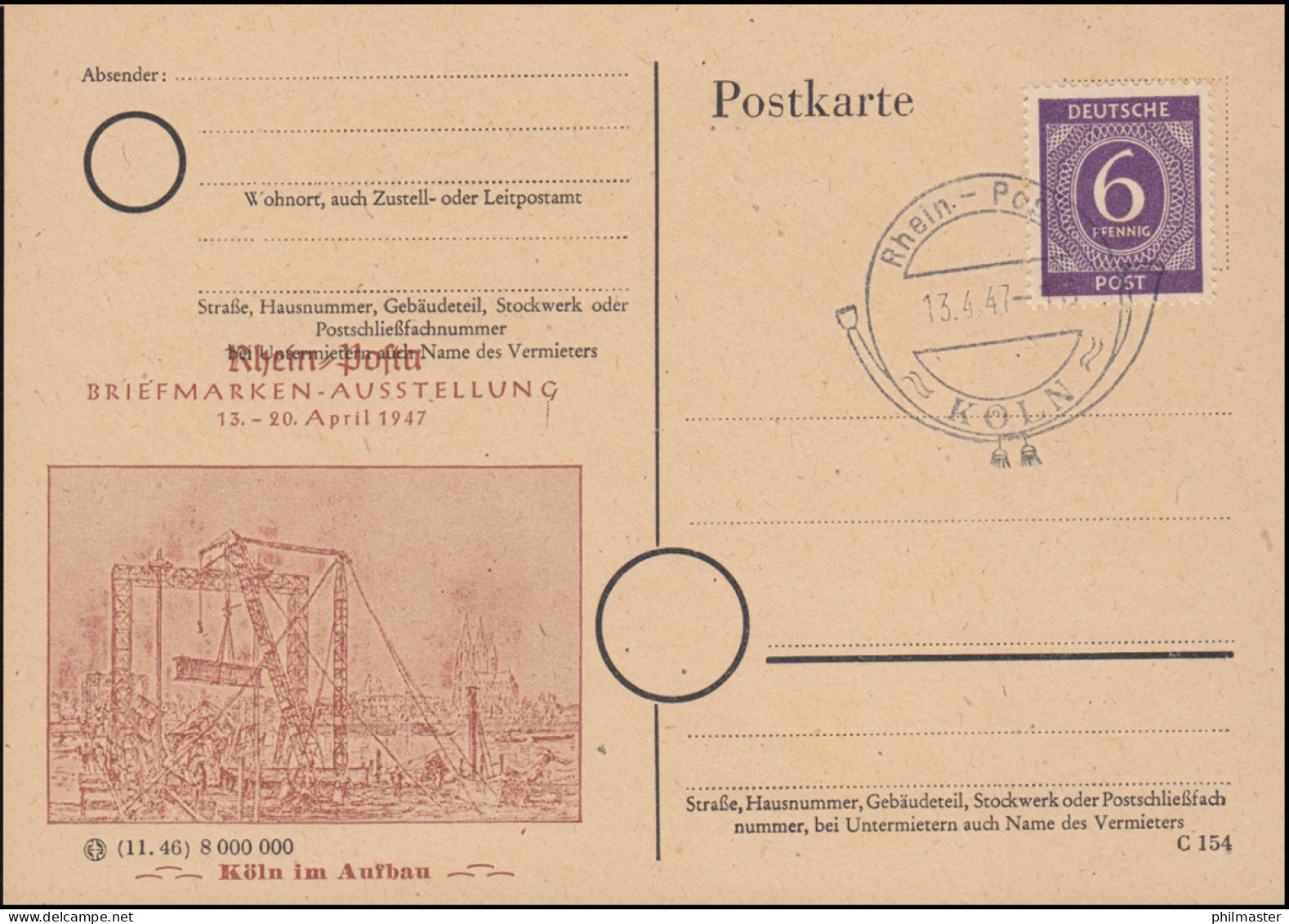 Schmuck-Postkarte Köln Im Aufbau Passender SSt Rhein-Posta Köln 13.4.1947  - Filatelistische Tentoonstellingen