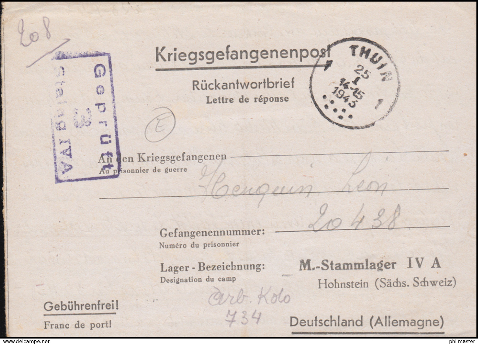 Kriegsgefangenenpost Rückantwort An Stalag IV A Hohnstein / Sächs. Schweiz - Feldpost 2e Wereldoorlog