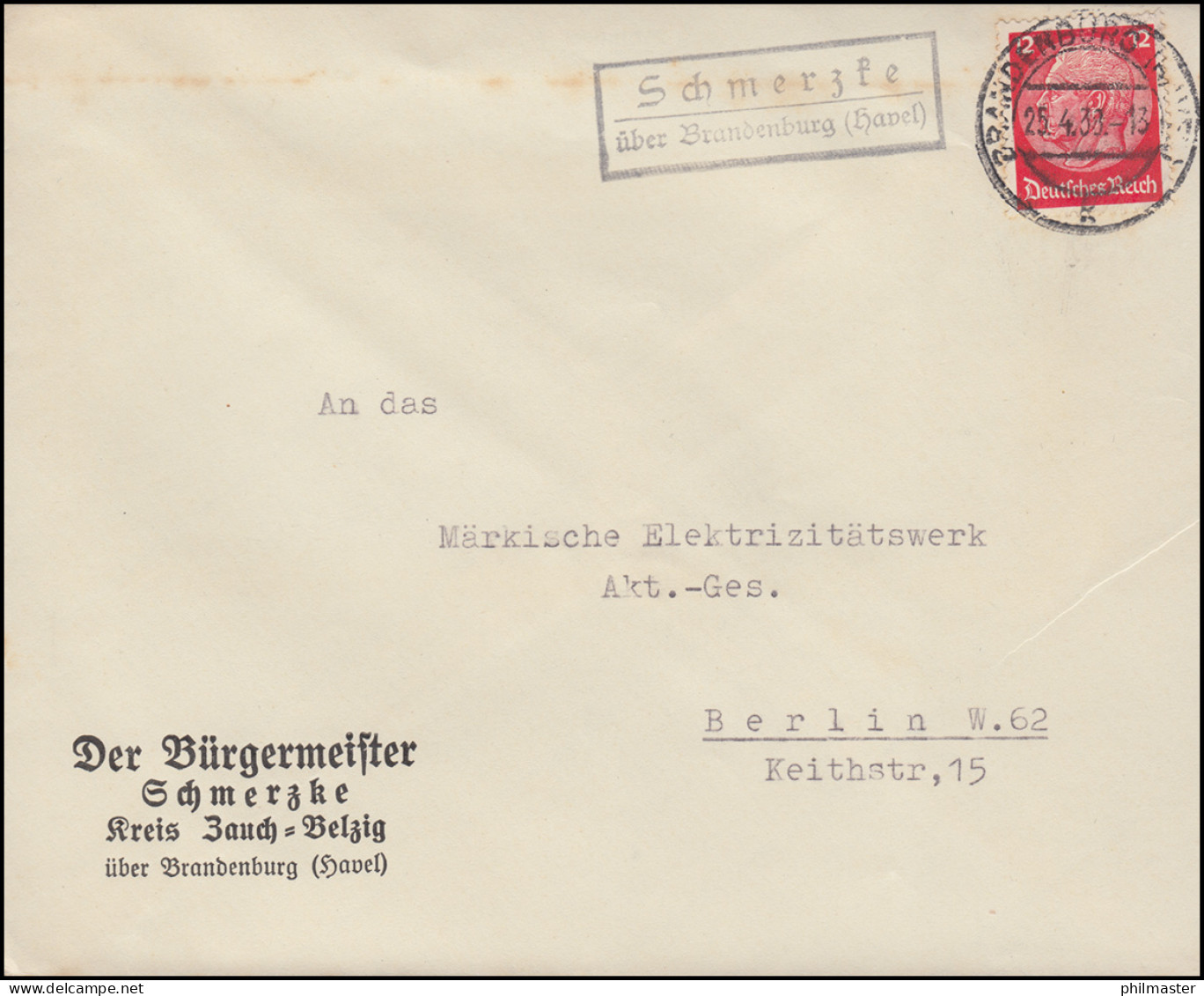 Landpost Schmerzke über Brandenburg (Havel) 25.4.33 Auf Brief Vom Bürgermeister - Brieven En Documenten