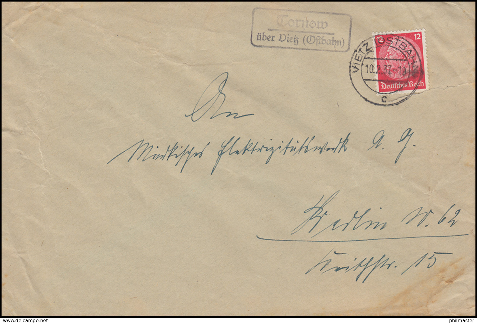 Landpost Tornow über Vietz Ostbahn 10.2.37 Auf Brief - Cartas & Documentos