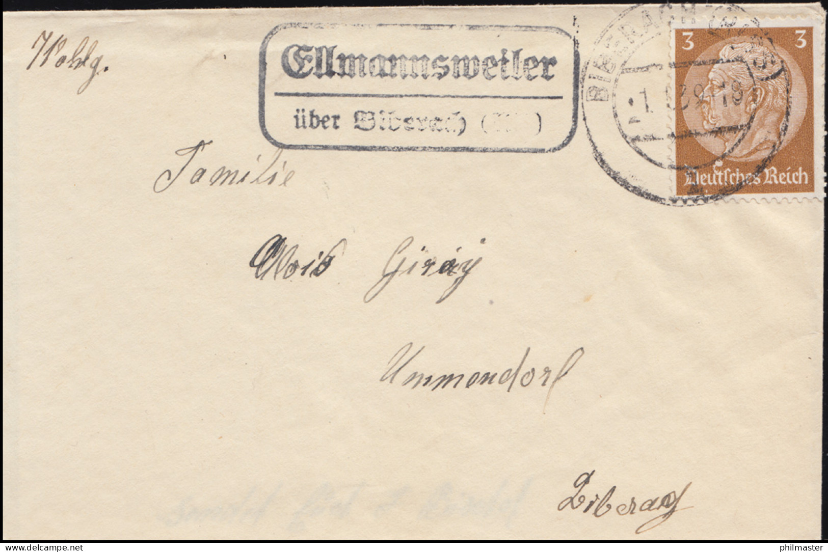 Landpost Ellmannsweiler über Biberach (Riss) 1.1.39 Auf Brief Mit Neujahrskarte - Storia Postale