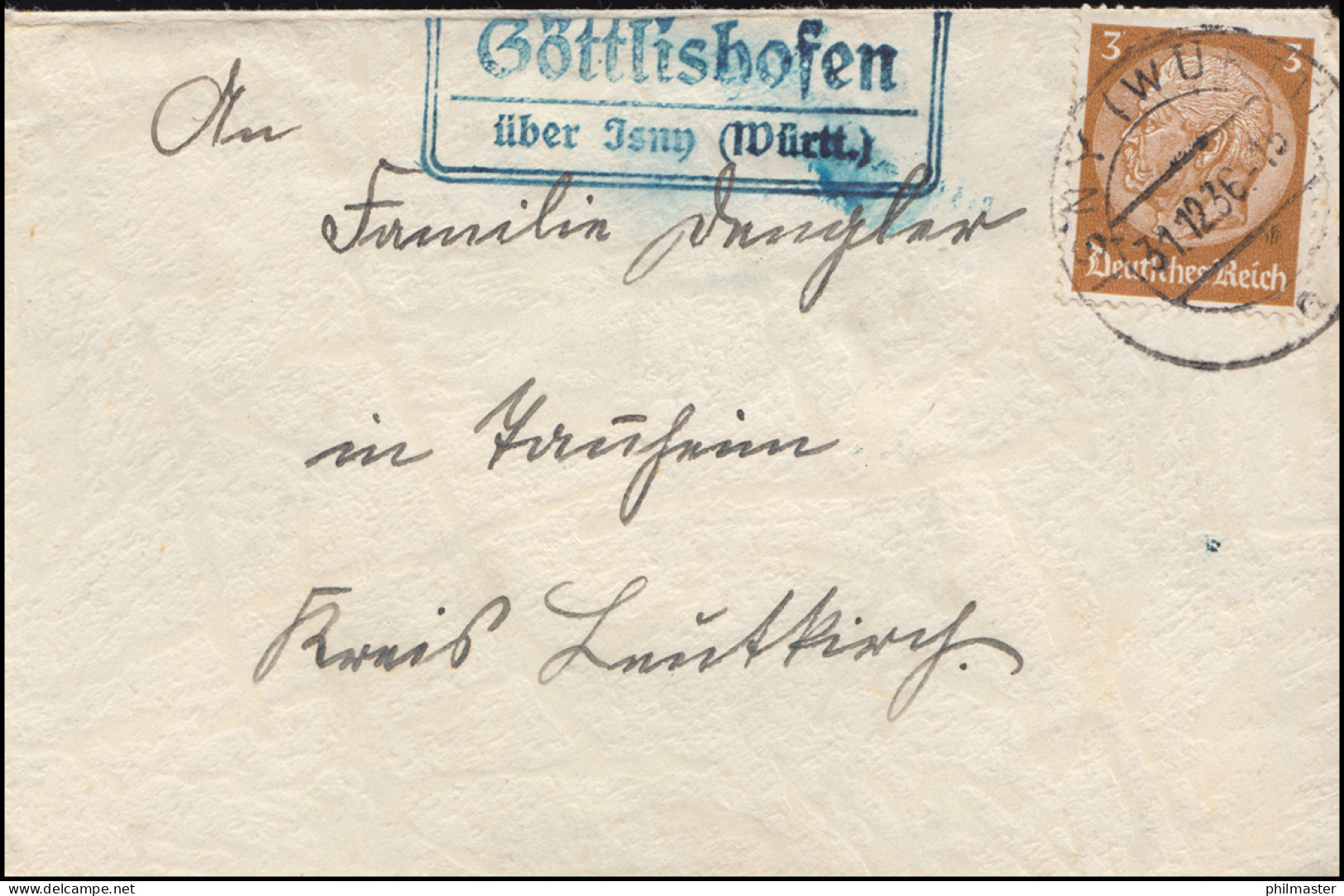Landpost Göttlishofen über Isny (Württ.) 31.12.36 Auf Brief - Briefe U. Dokumente